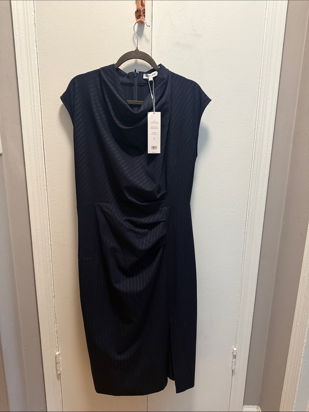 Veronica Beard Navy Pinstripe Draped Midi Dress